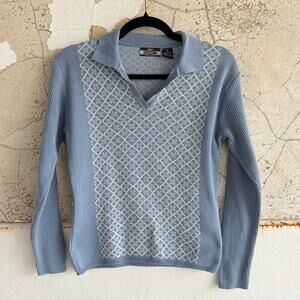 Vtg Sweater Blue Collared Knit Pullover Womens M Preppy Country Club Urban Retro